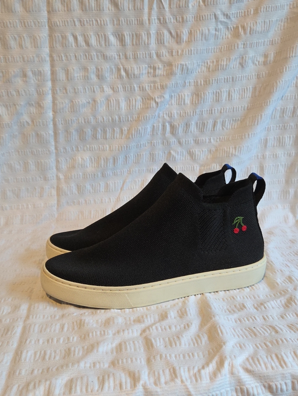 Rothy's Black Slip-On Knit Sneakers with Cherry Embroidery